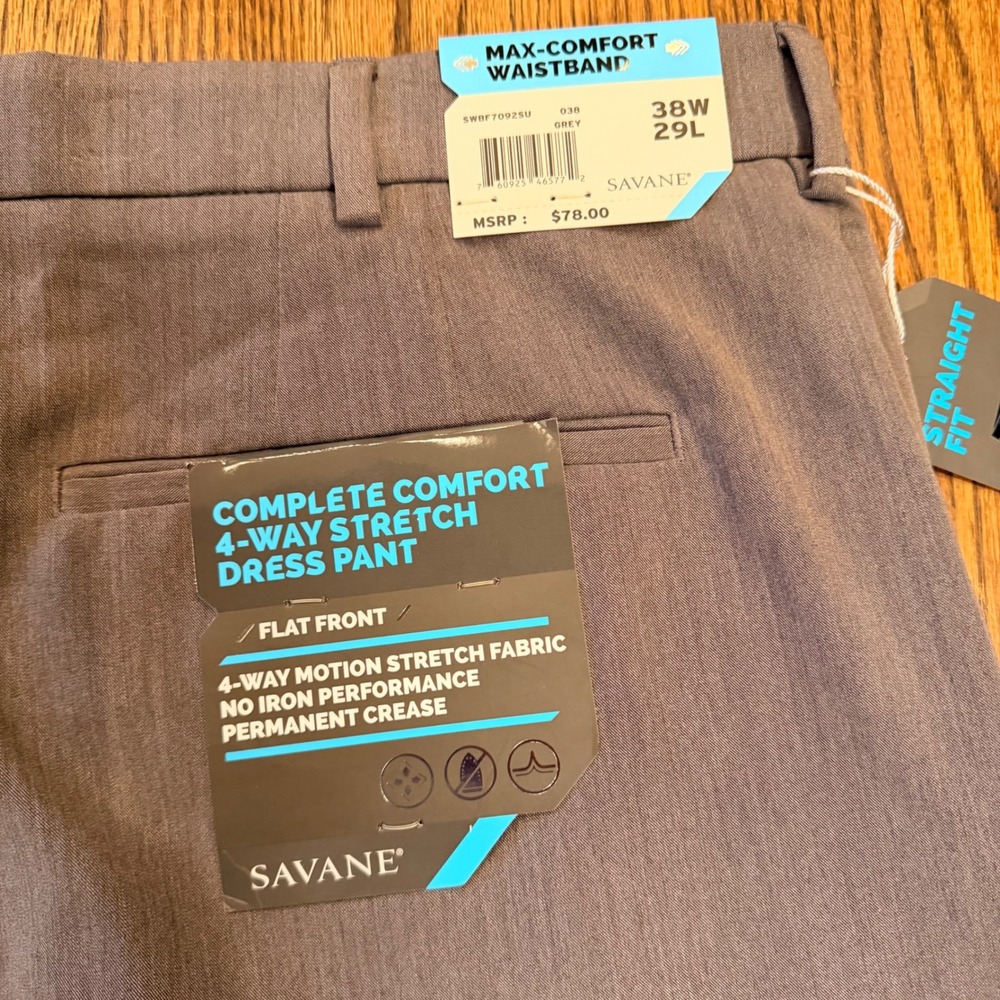 Savane Complete Comfort 4-Way Stretch Dress Pants 38x29 Grey Straight Fit - Picture 9 of 9